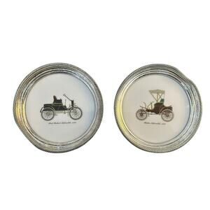 Set Of 2 VINTAGE SHERIDAN Silver and Ceramic Classic Cars Coasters